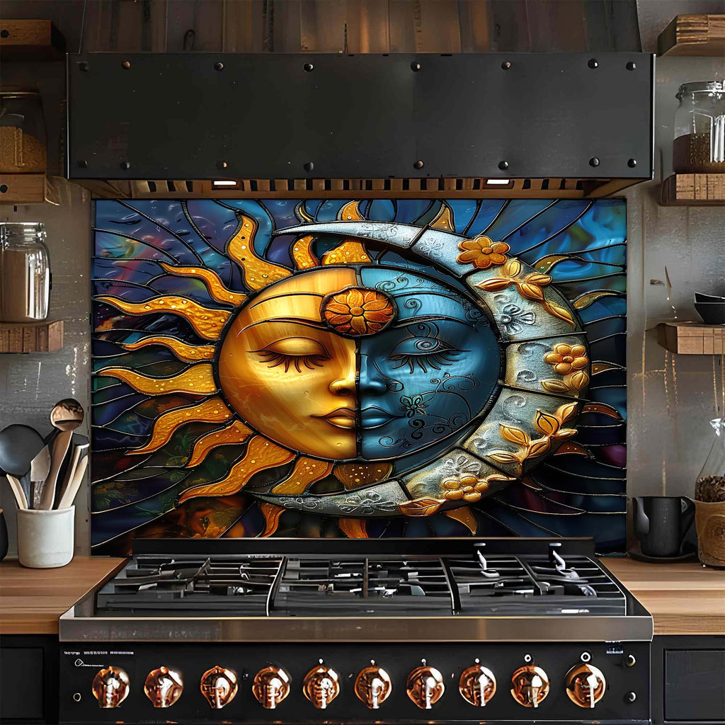 Celestial Harmony Sun & Moon Tempered Glass Kitchen Backsplash