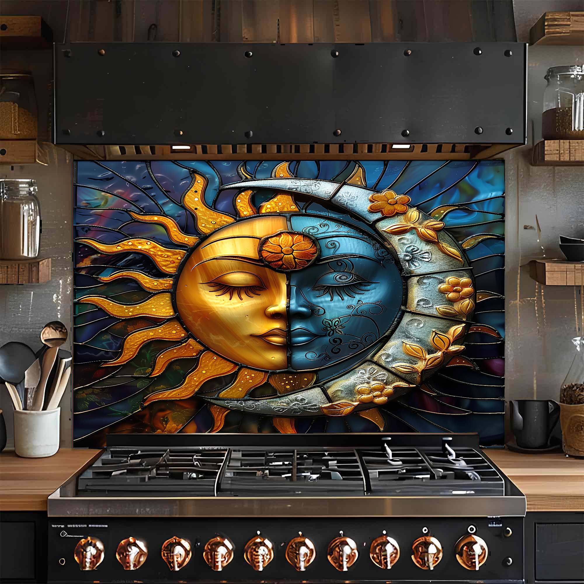 Celestial Harmony Sun & Moon Tempered Glass Kitchen Backsplash