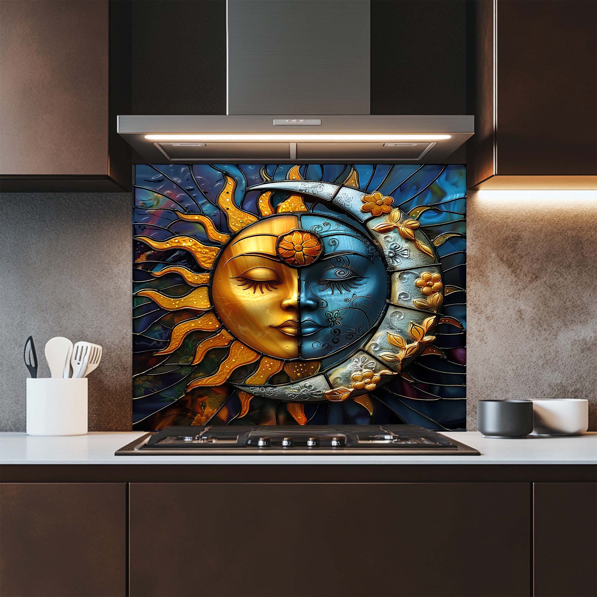 Celestial Harmony Sun & Moon Tempered Glass Kitchen Backsplash