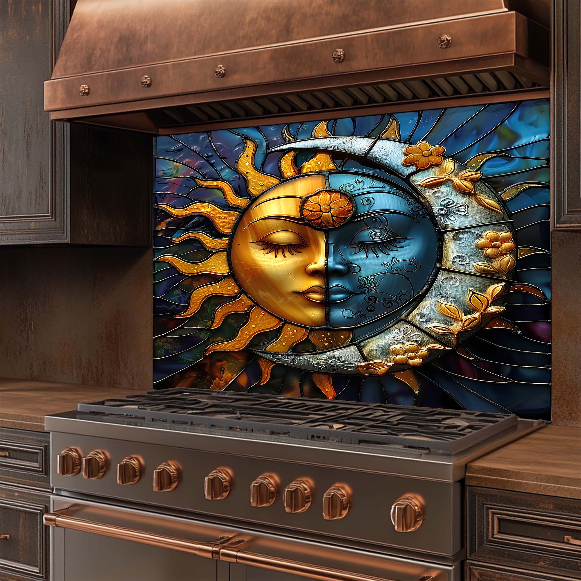 Celestial Harmony – Tempered Glass Backsplash for Kitchen Stove | Sun and Moon Backsplash