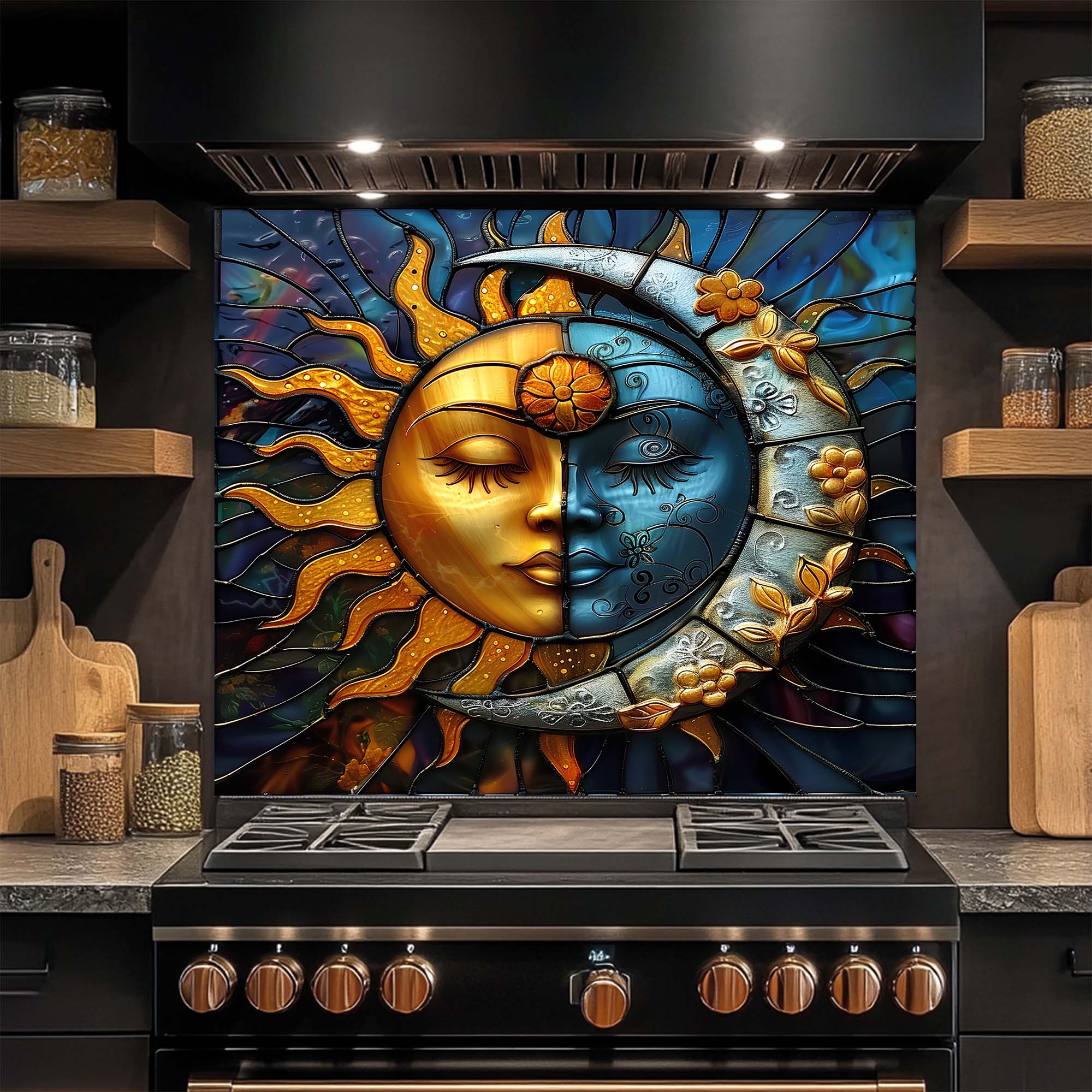 Celestial Harmony – Tempered Glass Backsplash for Kitchen Stove | Sun and Moon Backsplash