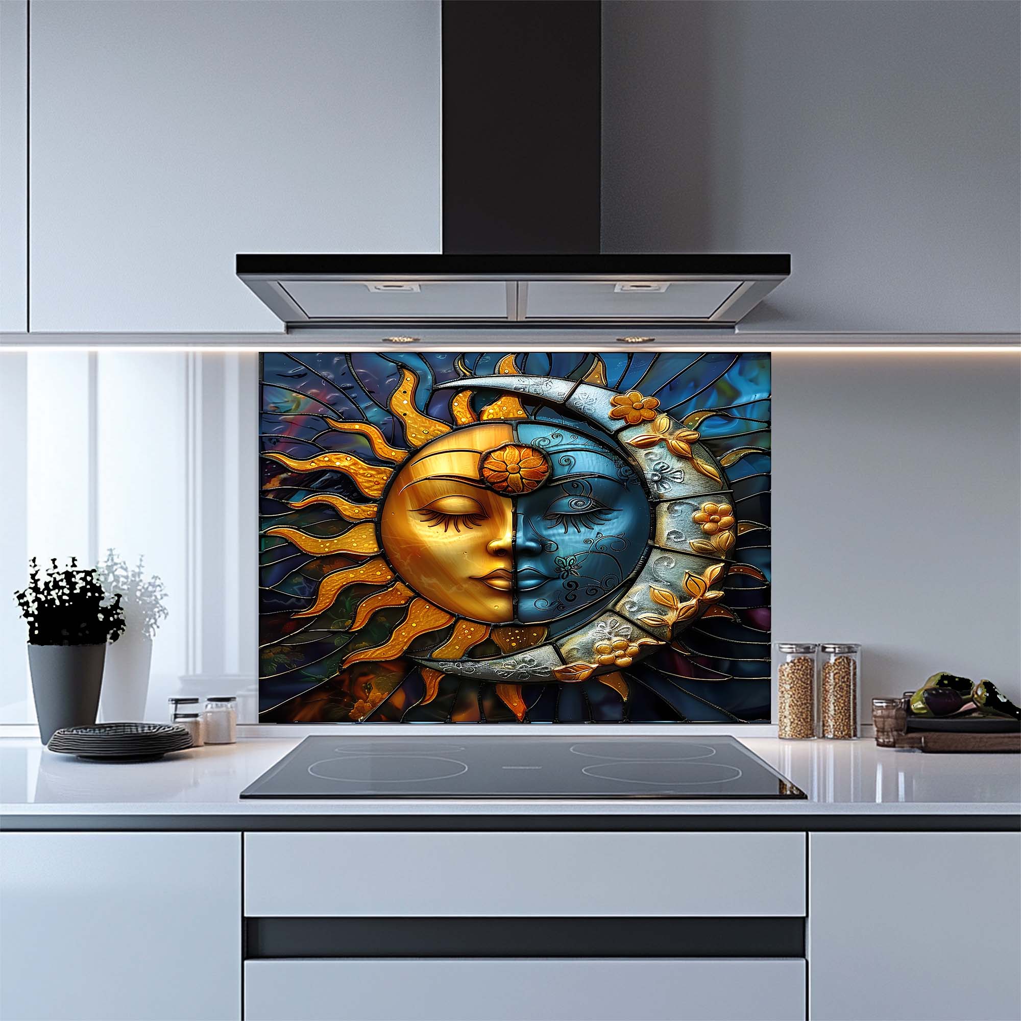 Celestial Harmony – Tempered Glass Backsplash for Kitchen Stove | Sun and Moon Backsplash