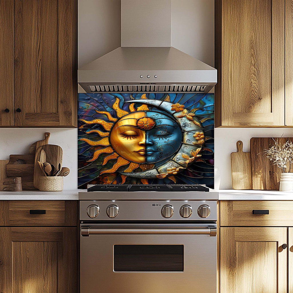 Celestial Harmony Sun & Moon Tempered Glass Kitchen Backsplash